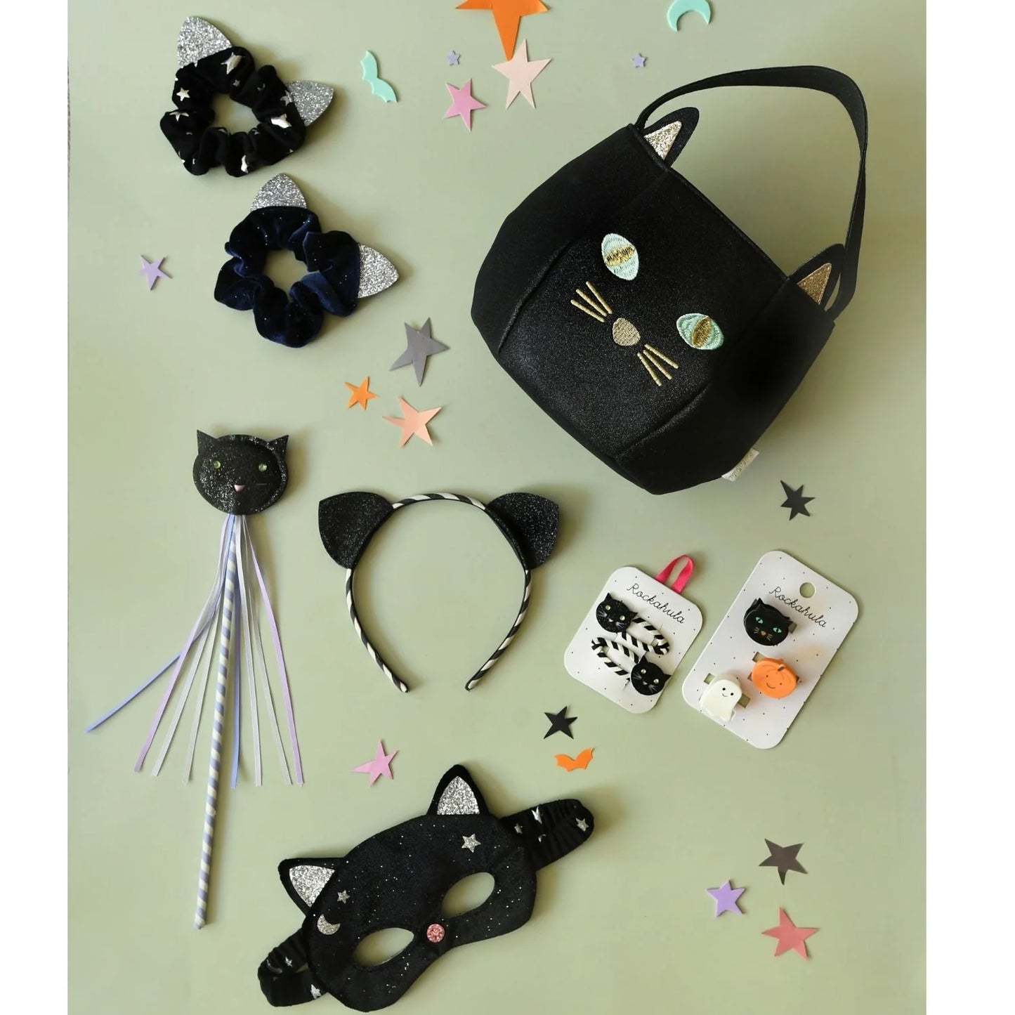 Rockahula Stripy Cat Clips – Fermagli Gatto Nero Glitter per Halloween