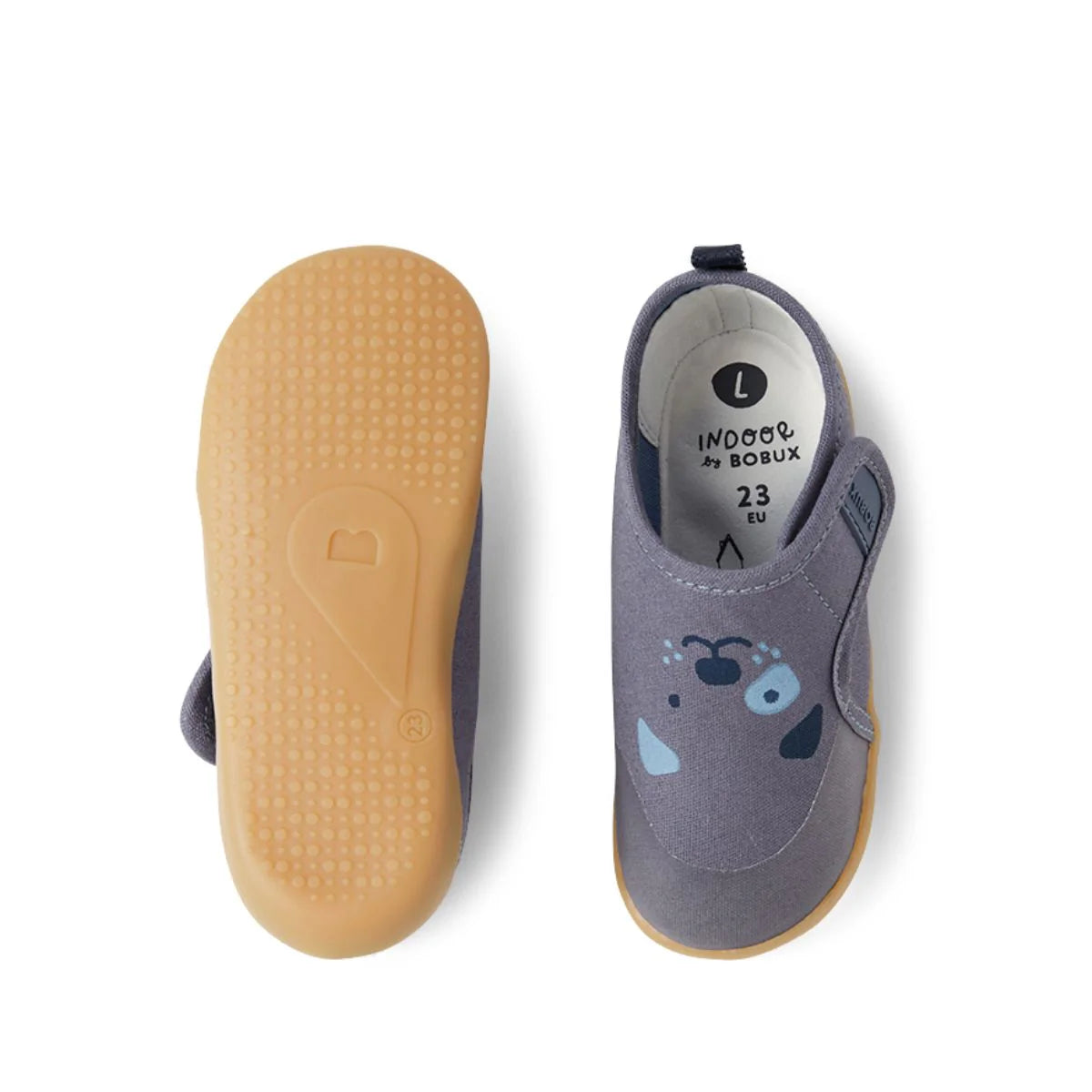 Bobux I Walk Nook Puppy Vintage Indigo: scarpe indoor in cotone biologico, leggere e resistenti, con chiusura velcro e suola flessibile. Perfette per scuola, materna e casa.