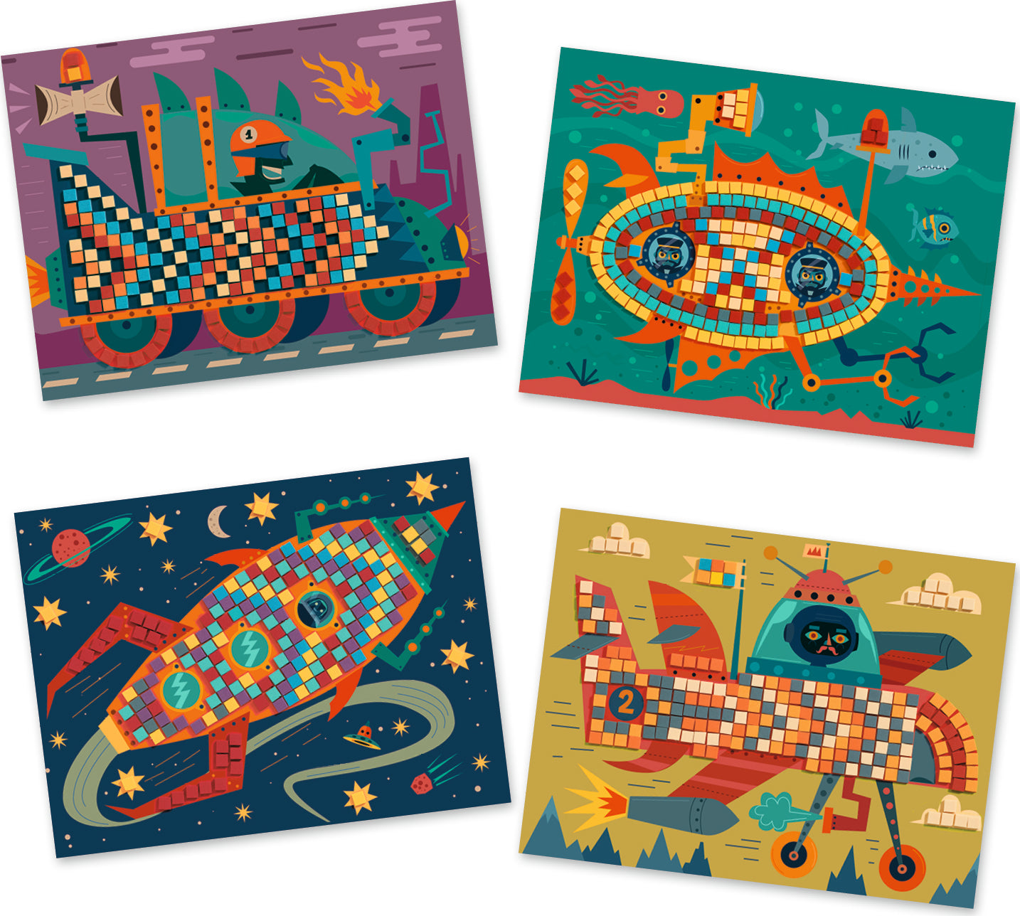 Set creativo Djeco con 4 tavole da decorare a mosaico ispirate ai veicoli – Assi del Volante