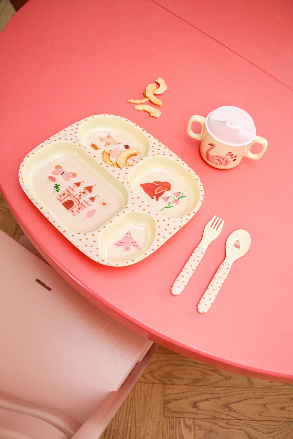 Set Pappa Bambino RICE in Melamina – Fairytale Rosa Gift Box (Piattino, Tazza, Posate)
