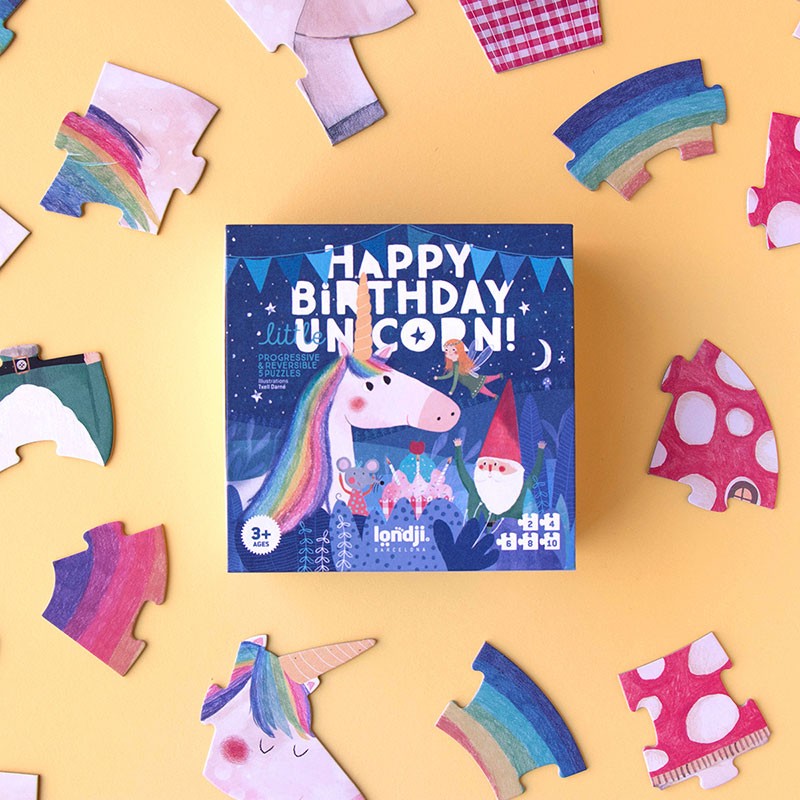 Londji – 5 Puzzle progressivi e reversibili Happy Birthday Unicorn – Puzzle educativi bambini 3+