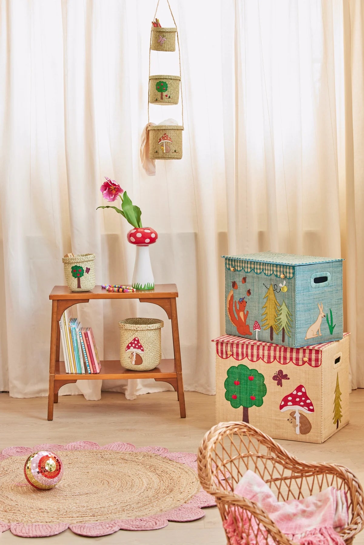 Rice by Rice Cesto Giochi in Rafia Pieghevole Blue Happy Forest - Grande - Apple Pie