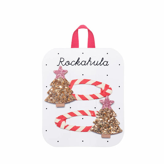 Fermagli Rockahula a forma di albero di Natale con glitter dorato e stellina rosa