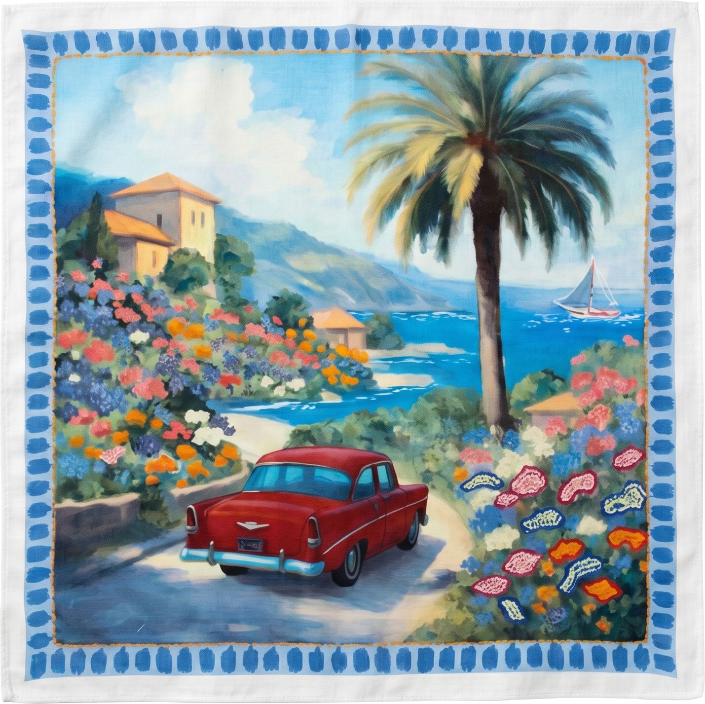 Bandana Vismaya 19893 Blue in cotone con illustrazione della Riviera Mediterranea, auto d'epoca rossa, mare, palma e fiori ricamati.
