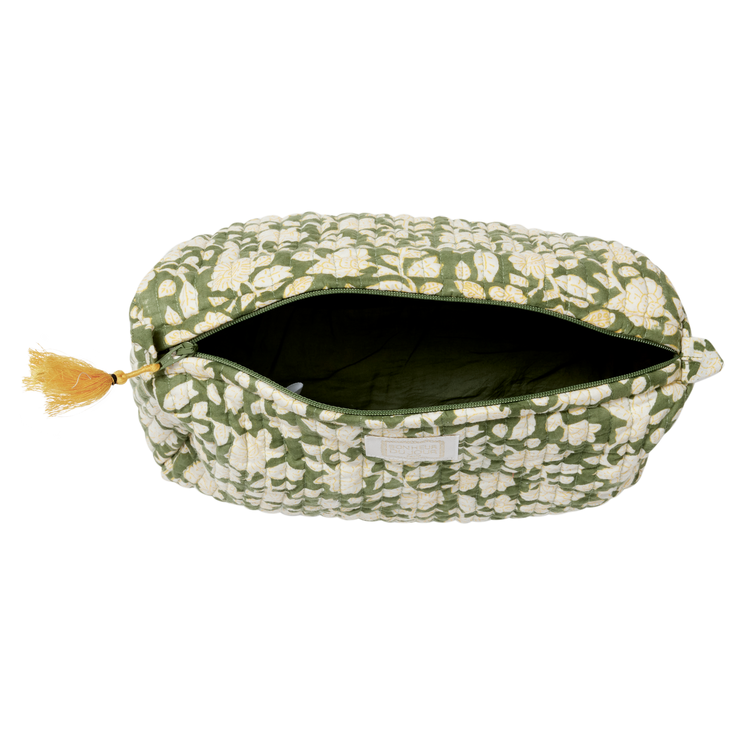 Beauty case verde con zip e nappine artigianali, disponibile in due misure