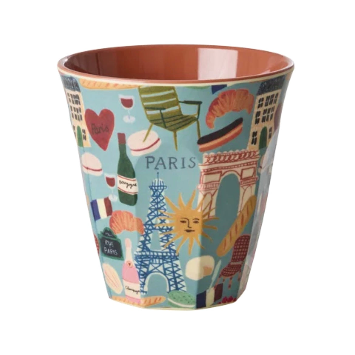 Bicchiere bambini in melamina RICE Paris Mon Amour azzurro da 250 ml con fantasia ispirata a Parigi, ideale per acqua, latte e succhi di frutta.