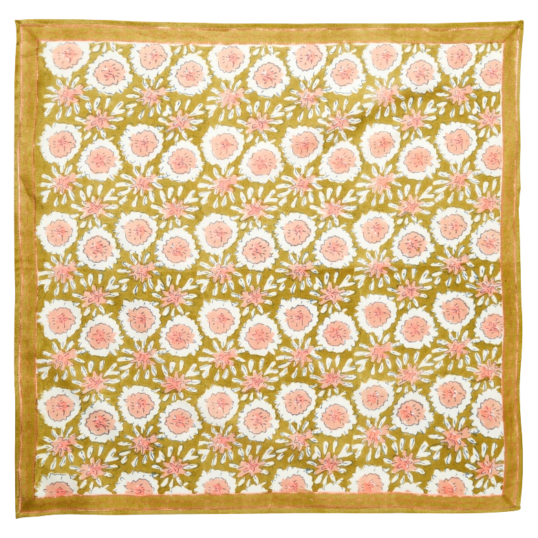 Foulard Bonheur du Jour Indian Margotte Olive in cotone con stampa floreale