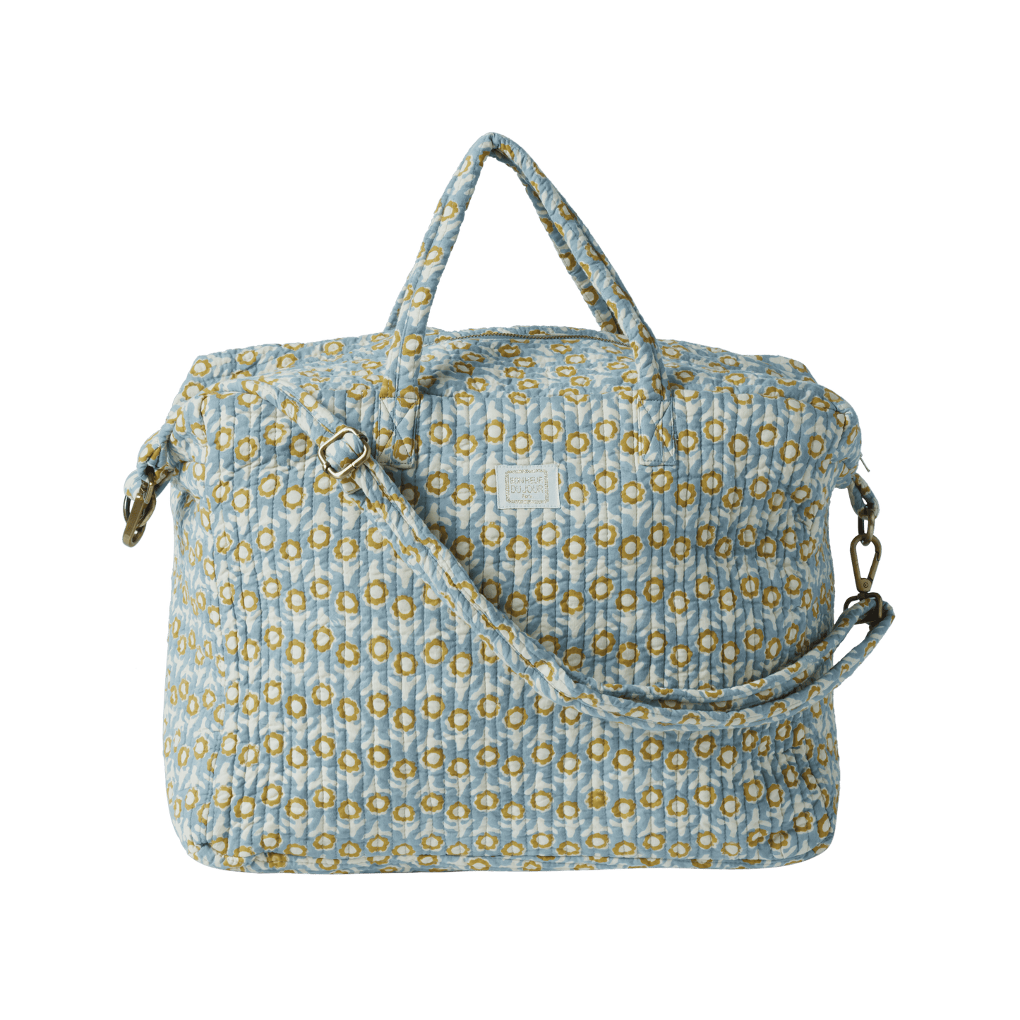 Tote Bag Bonheur du Jour Isha Blue in cotone trapuntato con stampa floreale block print