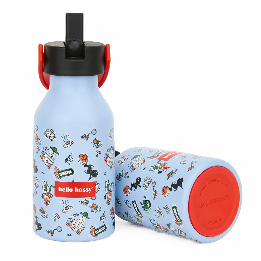 Borraccia isotermica Hello Hossy Dunk da 350 ml per bambini, con cannuccia e fantasia sportiva