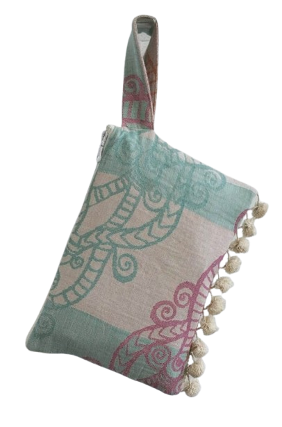 Aelia Anna Borsa Clutch fantasia Athina con Ponpon in Arancione e Smeraldo