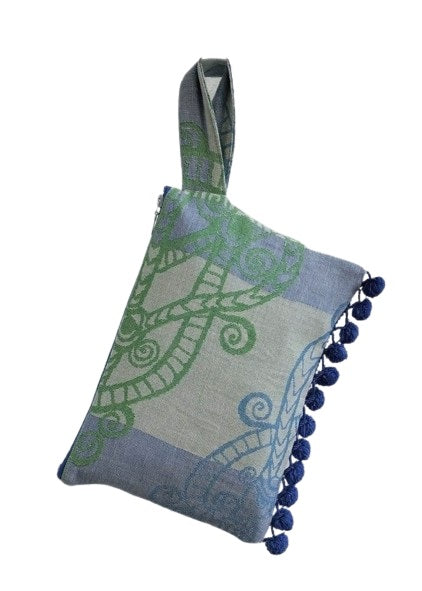 Aelia Anna Borsa Clutch fantasia Athina con Pon-pon colori Lime, blu e Turchese