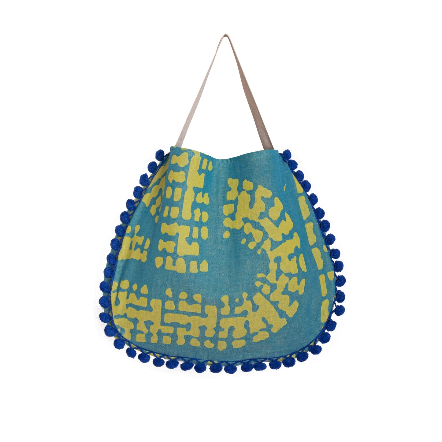 borsa mare aelia anna greek mosaic petrolio giallo pon pon cotone capiente estiva