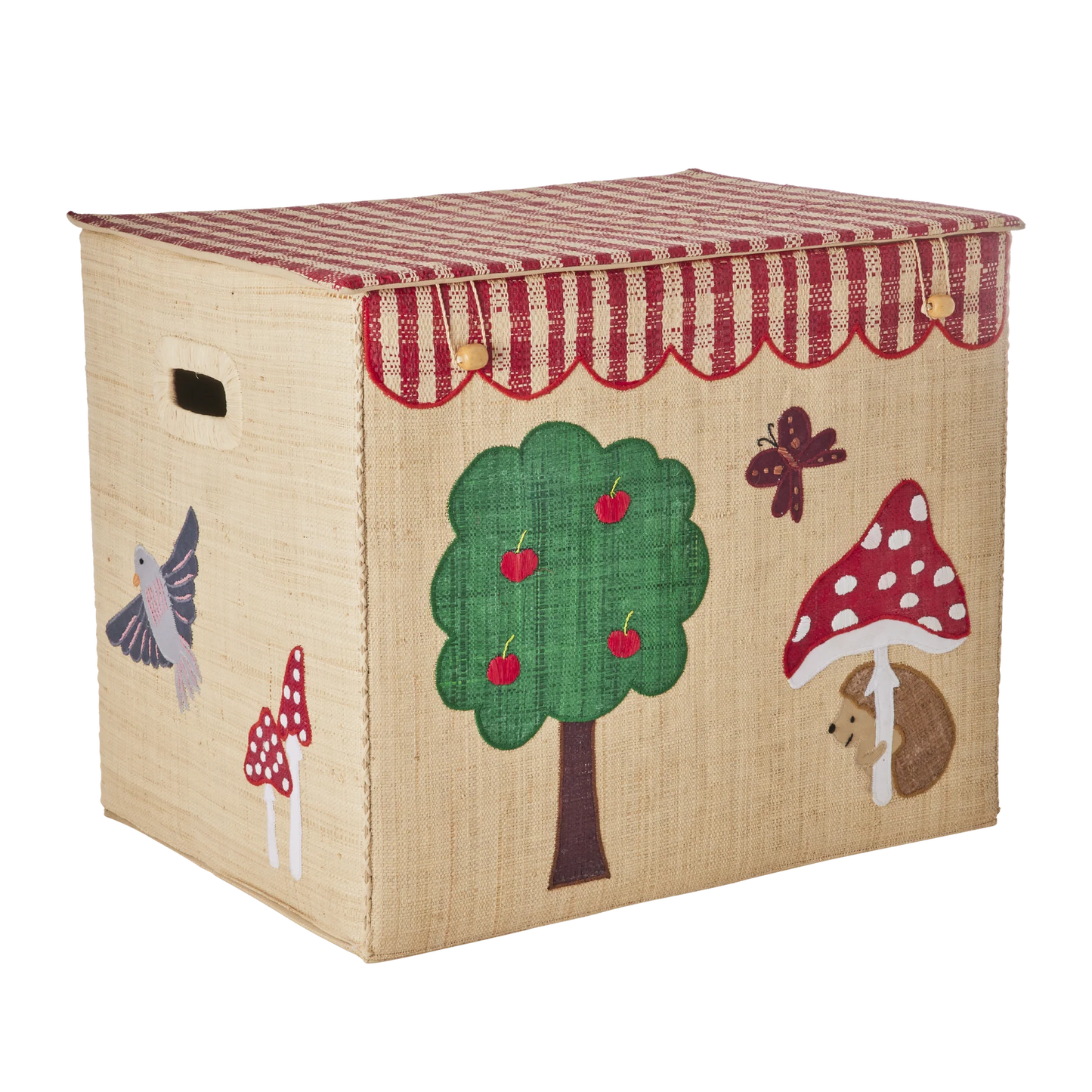 cesto in rafia extra large Rice Denmark beige con riccio, funghetto e coperchio a righe rosse