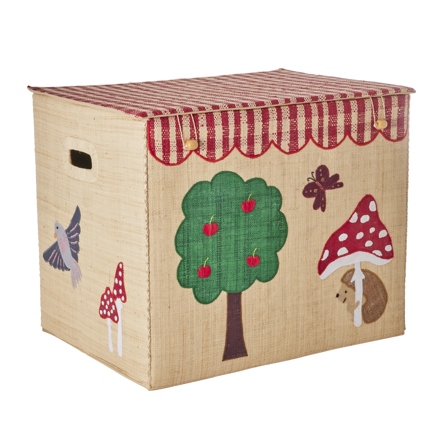 cesto in rafia extra large Rice Denmark beige con riccio, funghetto e coperchio a righe rosse