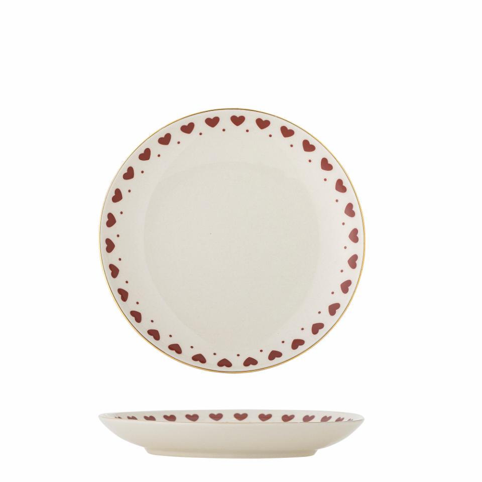 Bloomingville Jolly – Piatto dessert rosso con cuori e bordo dorato (Ø16 cm)