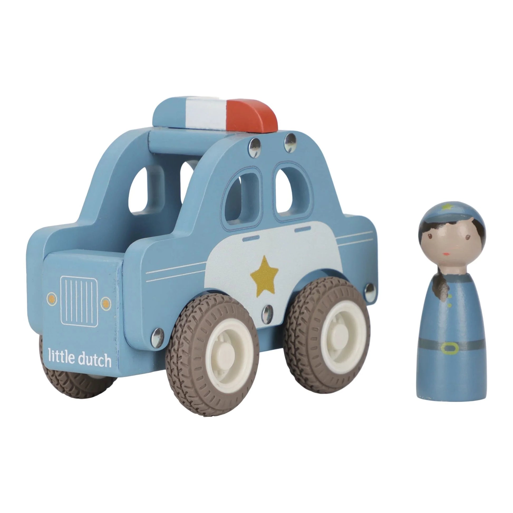 Macchina della polizia in legno blu Little Dutch Essentials con agente incluso