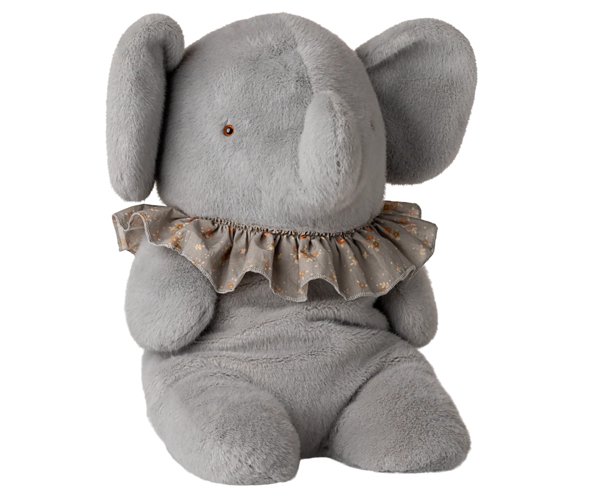 Elefante peluche grande Maileg blu e grigio su sfondo bianco