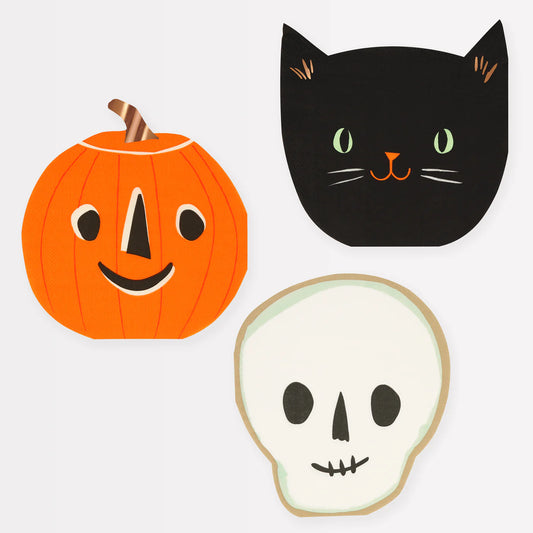 Tovaglioli Halloween Meri Meri con zucca, gatto nero e teschio in carta a 3 strati