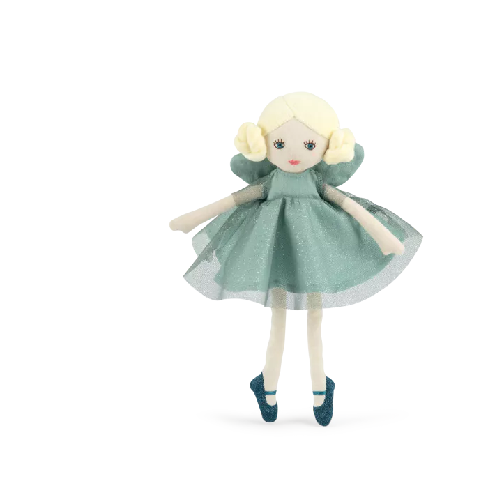 Moulin Roty Bambola Petite Fée Verte Ondine 26 cm con abito blu e ali dorate – Collezione Les Fées