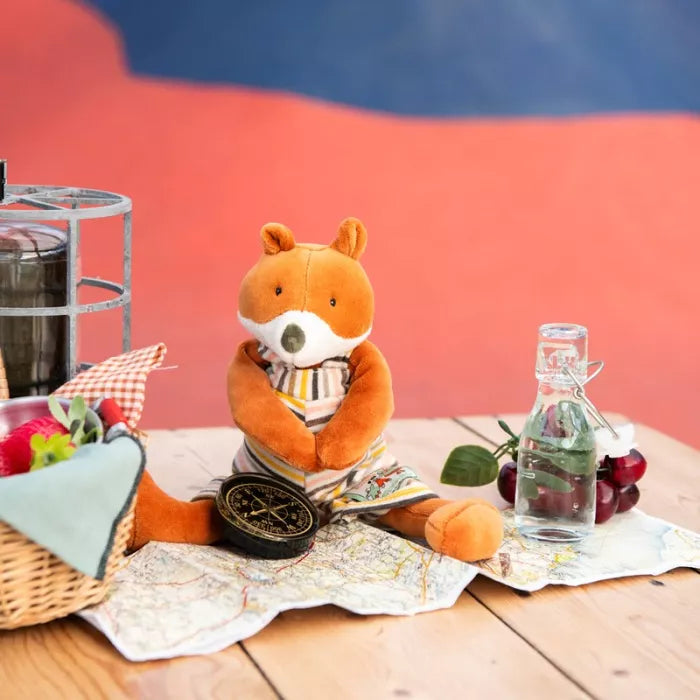 Moulin Roty Gaspard la Volpe con salopette a righe – Peluche per neonati