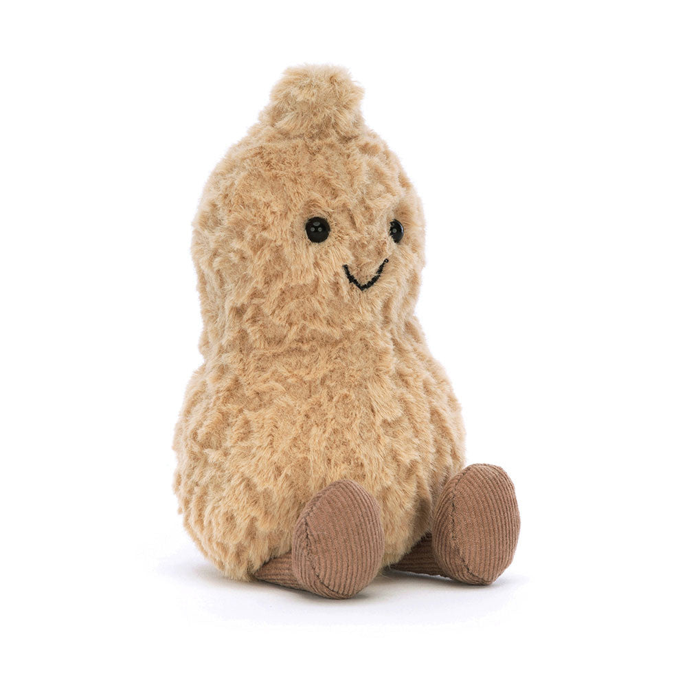 Peluche Amuseables Peanut Jellycat visto di fronte, con capelli spettinati, occhi scintillanti e stivaletti in corda