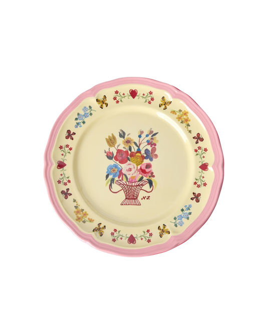 piatto da frutta in melamina rosa Rice Denmark Nathalie Lété Vol. 2 con bouquet floreale