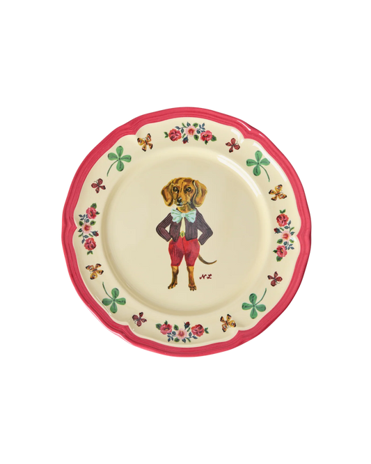 piatto da frutta in melamina rosso Rice Denmark Nathalie Lété Vol. 2 con cagnolino al centro