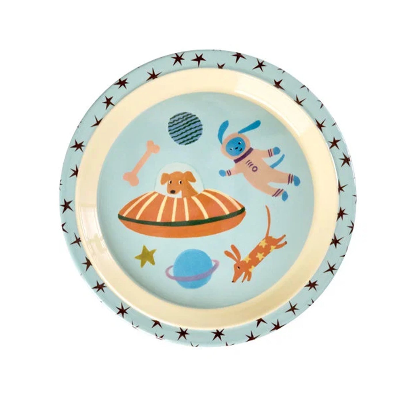 RICE Piatto Piano Bambini in Melamina – Dogs in Space Azzurro