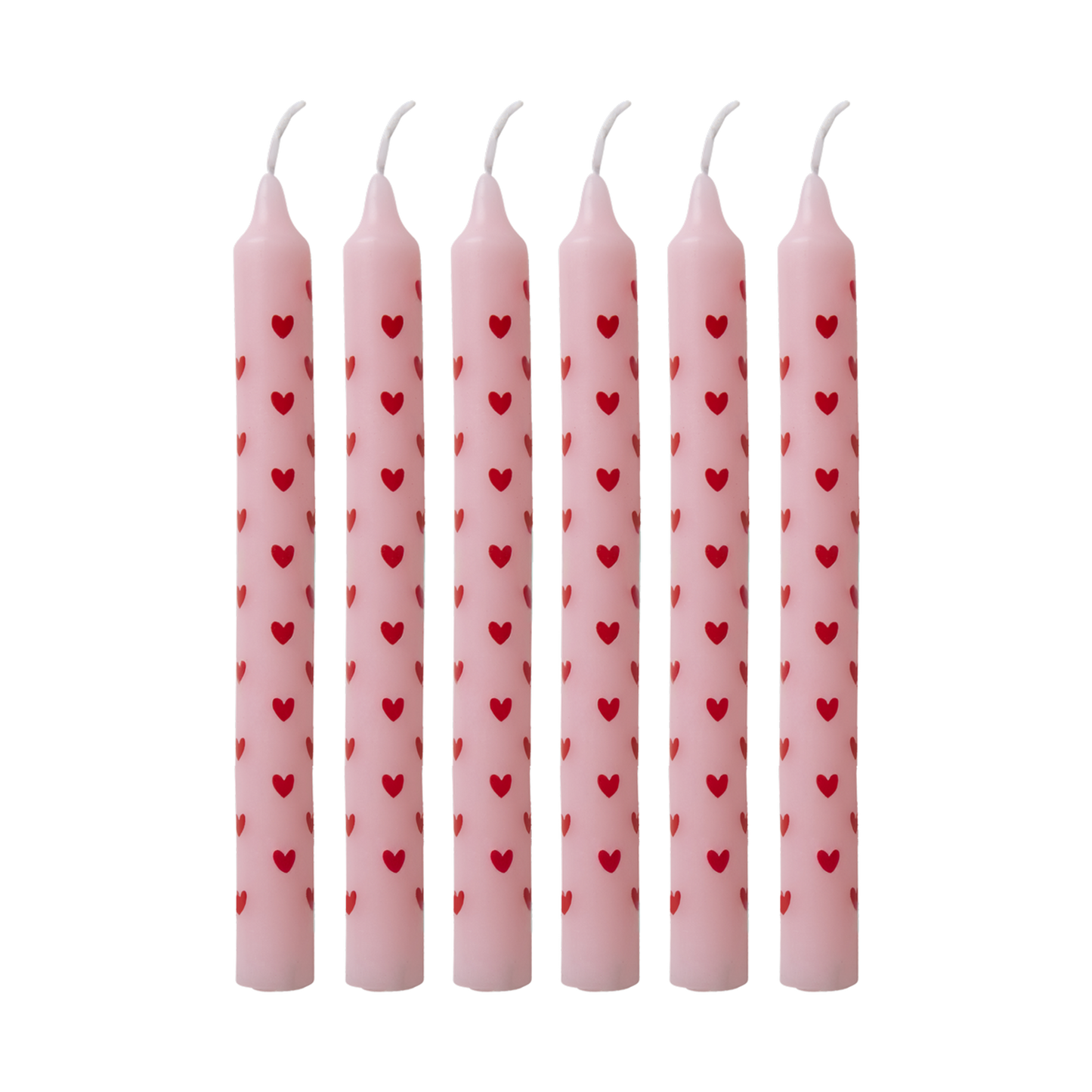 Candele piccole Rice in cera di paraffina rosa con stampa cuori rossi – set da 12