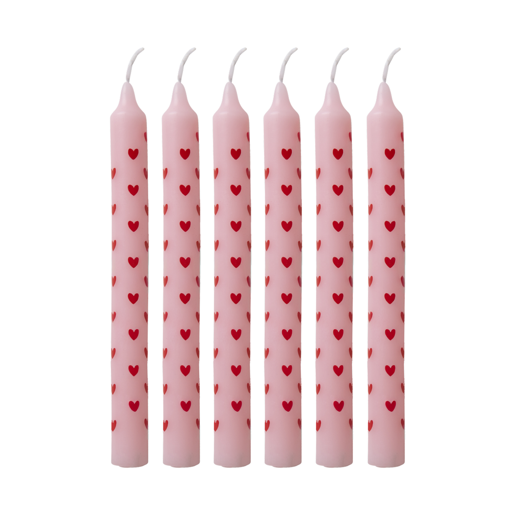 Candele piccole Rice in cera di paraffina rosa con stampa cuori rossi – set da 12