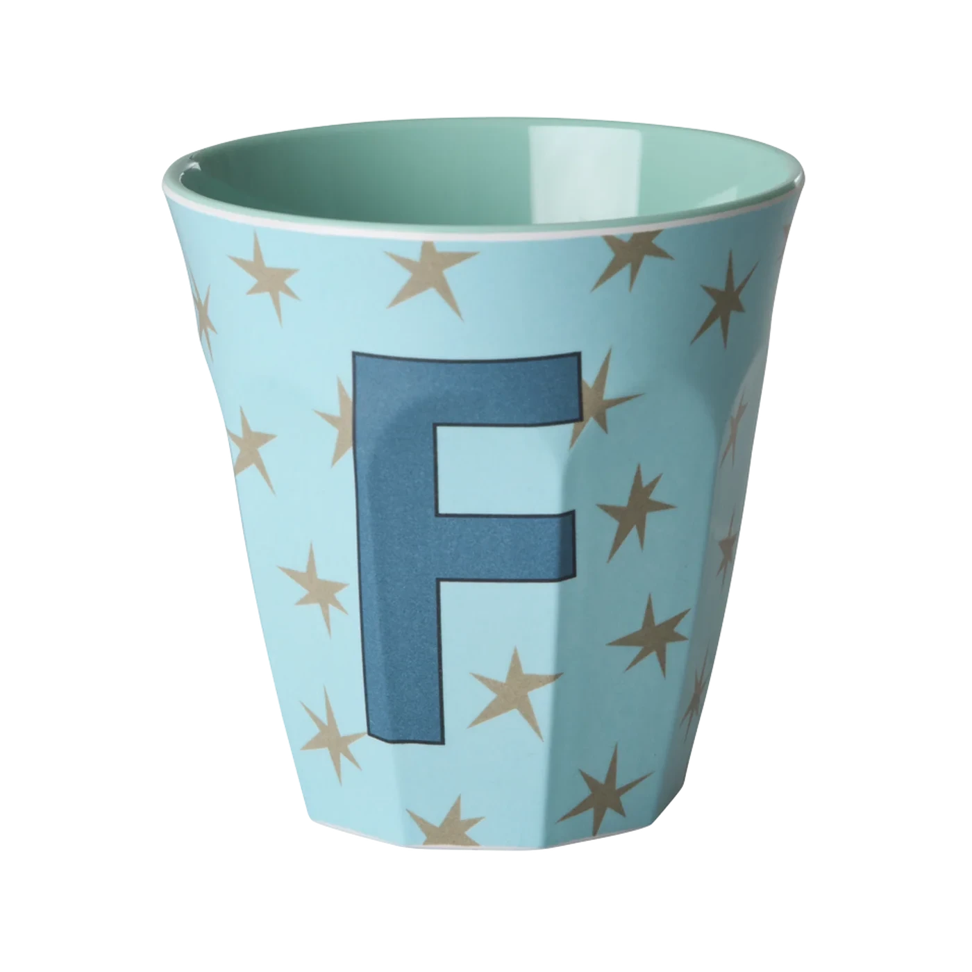 Tazza RICE Denmark blu con stelle bianche e lettera F in melamina, vista frontale