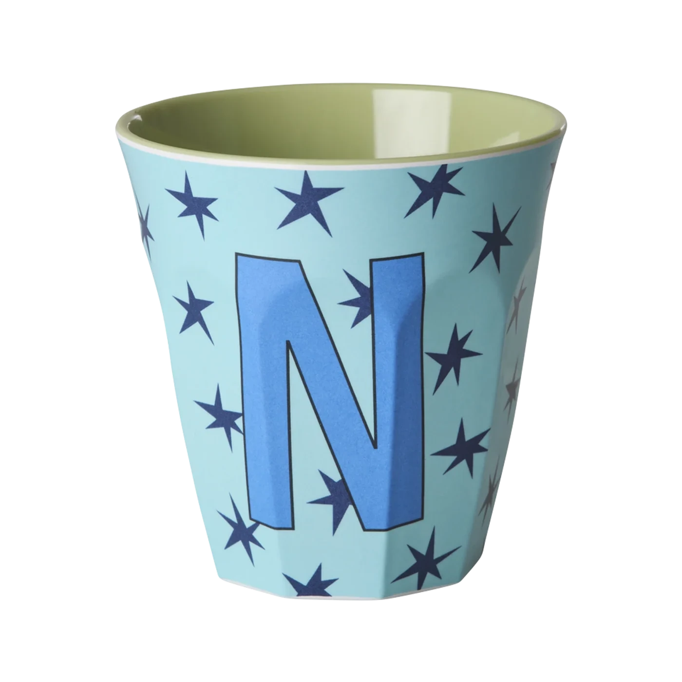 Tazza RICE Denmark azzurra con stelle e lettera N in melamina, vista frontale