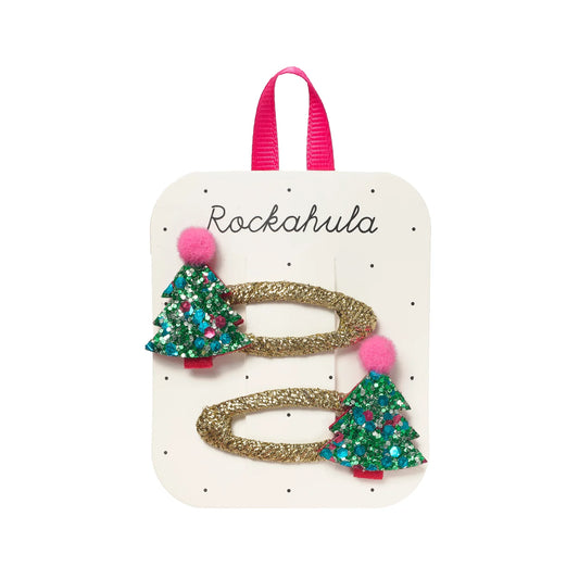 Fermagli Rockahula con alberi di Natale glitterati e pom pom rosa su clip dorate