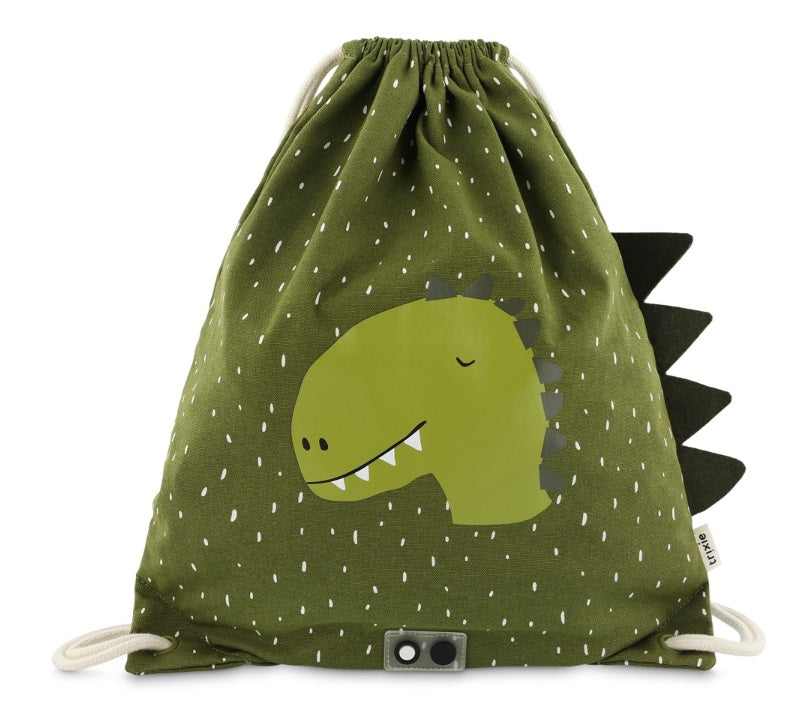 Vista frontale della sacca Trixie Mr. Dino per bambini, borsa idrorepellente per asilo o sport