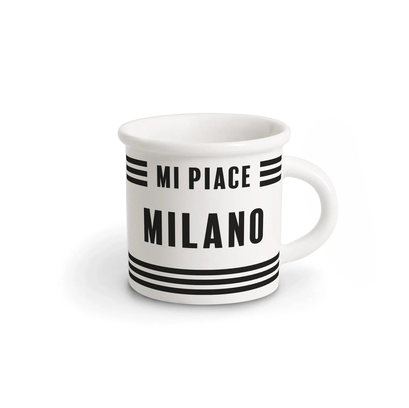 Tazza in porcellana bianca con scritta “Mi Piace Milano”, Cities Collection di Ilaria I, realizzata in Italia.
