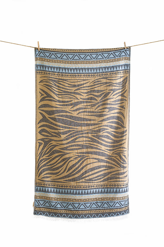 Telo Mare o pareo fantasia Milos grigio Senape e Azzurro di aelia anna