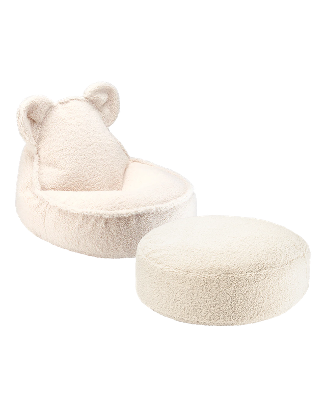 Set Wigiwama con poltrona a sacco e pouf coordinato in tessuto teddy crema con orecchie da orsetto – arredo coccoloso per bambini