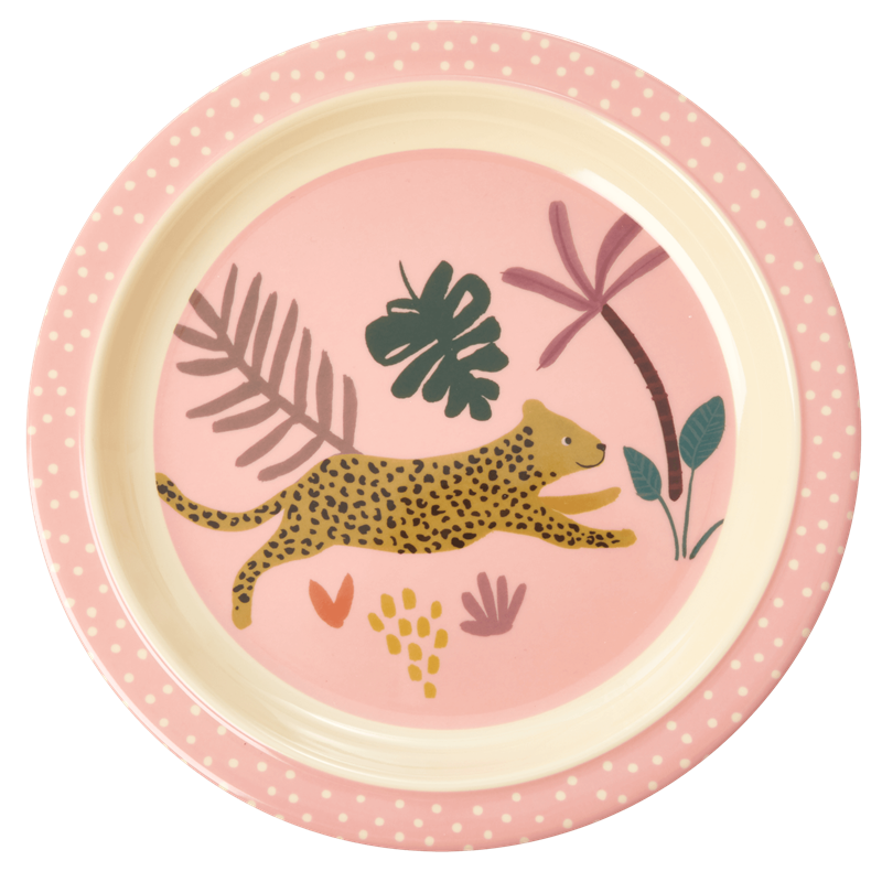 Piatto piano Rice in melamina fantasia Giungla Rosa con animali, su sfondo bianco
