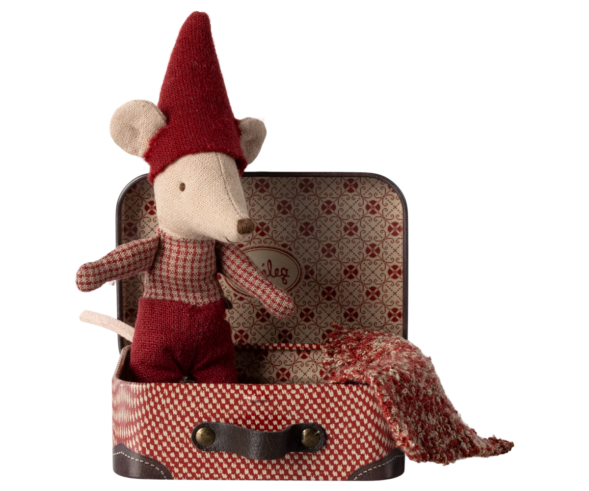 Mini set Maileg con Topolino di Natale Bebè che dorme nella valigetta decorata