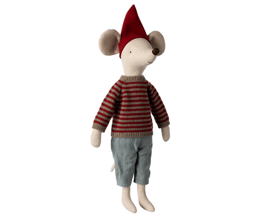 Maileg Topo di Natale Maxi 60 cm con maglione e cappello rosso su sfondo bianco