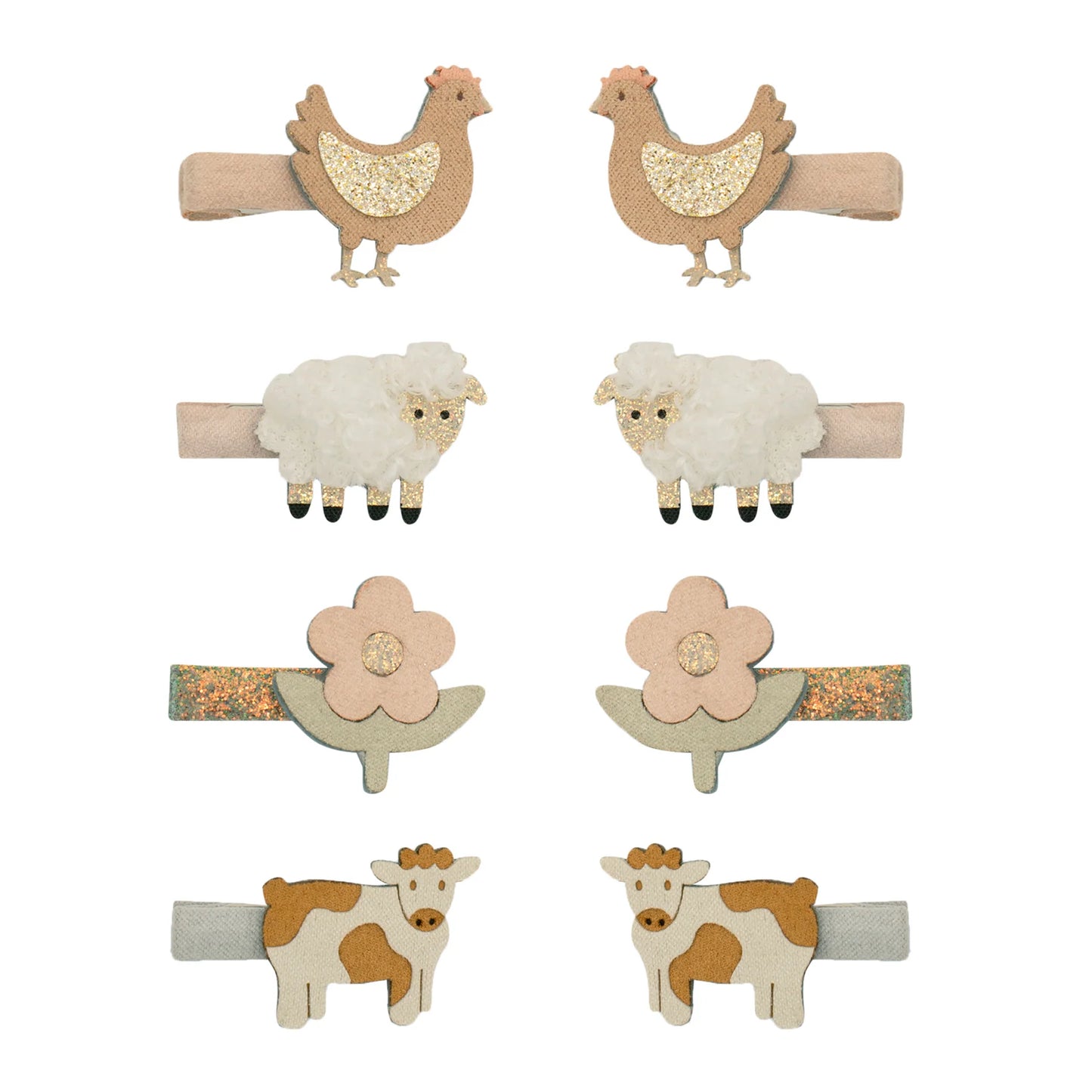 Set 8 fermagli capelli Mimi & Lula animali della fattoria con galline, pecorelle, mucche e fiori