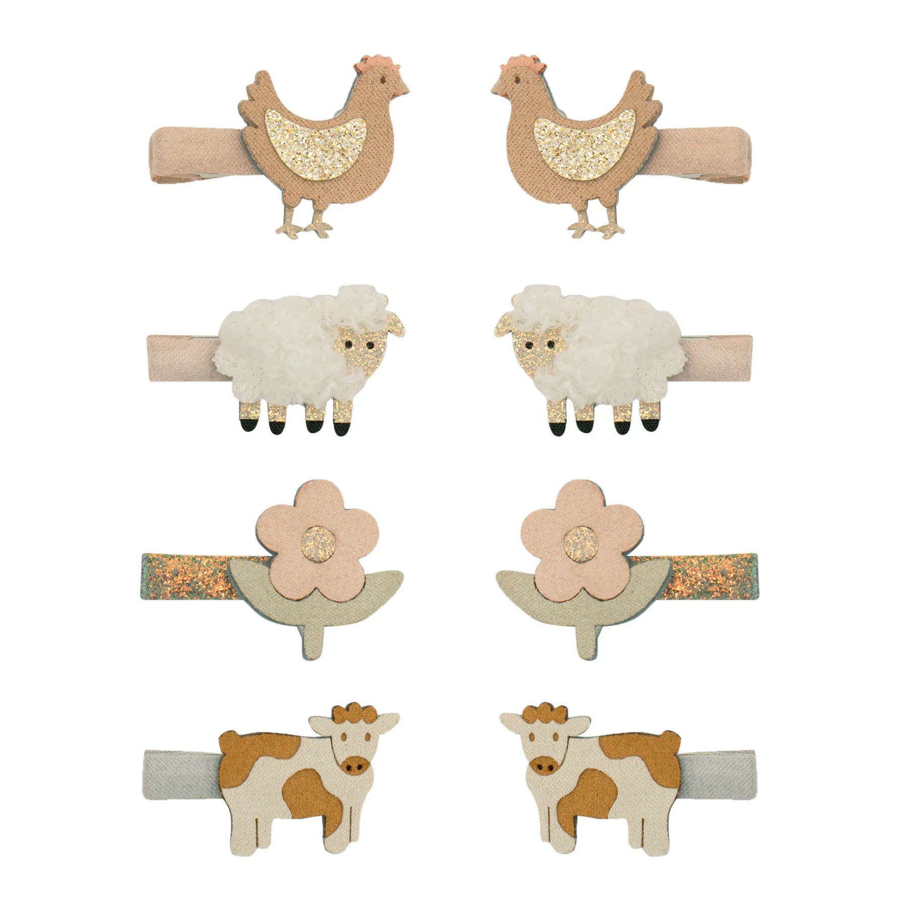 Set 8 fermagli capelli Mimi & Lula animali della fattoria con galline, pecorelle, mucche e fiori