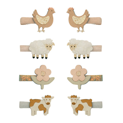 Set 8 fermagli capelli Mimi & Lula animali della fattoria con galline, pecorelle, mucche e fiori