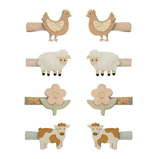 Set 8 fermagli capelli Mimi & Lula animali della fattoria con galline, pecorelle, mucche e fiori
