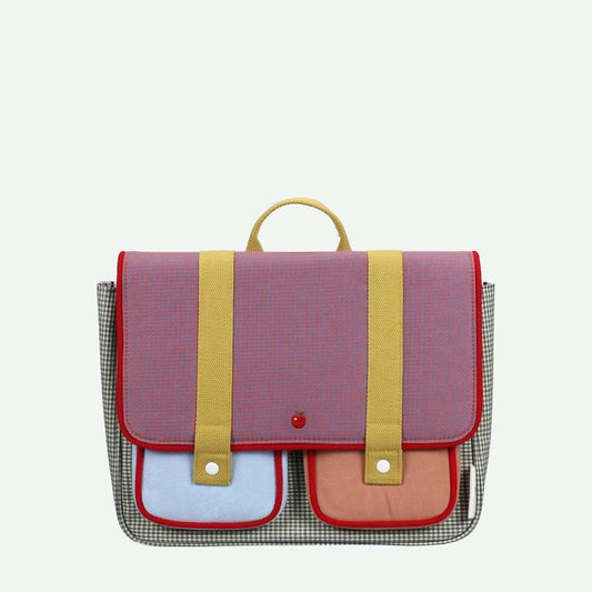 Cartella scuola Sticky Lemon Lemon Tree Gingham Midnight Moon per bambini con tasche frontali e spallacci regolabili