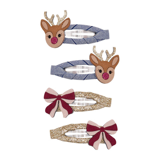 Mimi & Lula Rudolph and Bow Hair Clips set 4 mollette natalizie bambina con renna fiocchi e glitter