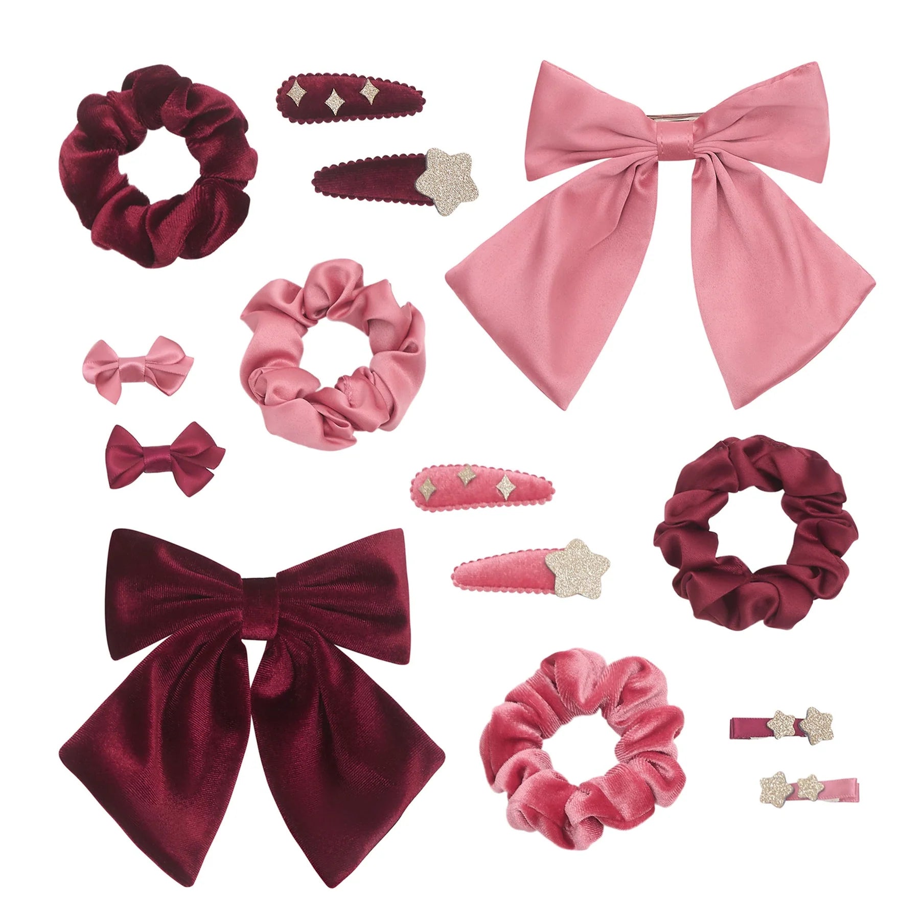 14 accessori capelli Mimi & Lula rosa bordeaux e oro con scrunchies mollette e fiocchi