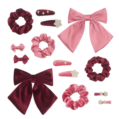 14 accessori capelli Mimi & Lula rosa bordeaux e oro con scrunchies mollette e fiocchi