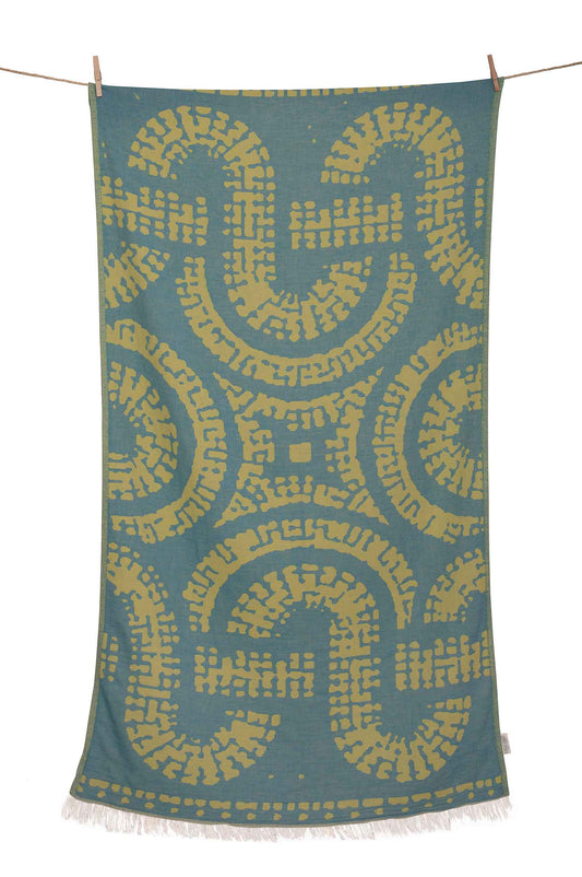 Telo Mare Cotone Aelia Anna Greek Mosaic Blu & Giallo 90x180 cm – Leggero, Assorbente e Perfetto da Viaggio