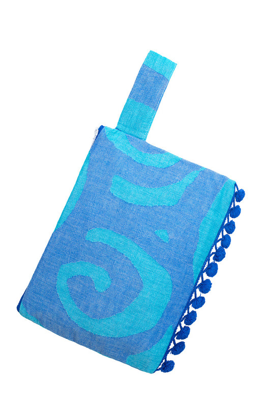 clutch aelia anna avra blu turchese pon pon pochette cotone estiva